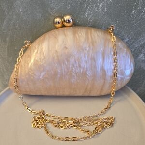 Pearlescent Cream Evening Clutch Hard Shell Gold Removable Crossbody Chain New